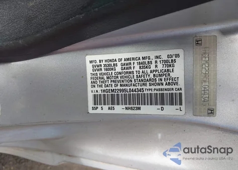 2005 Honda Civic Ex из США, поврежденный, VIN 1HGEM22995L044345